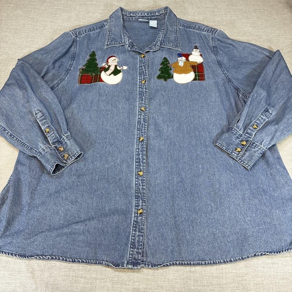 Holiday Editions Womens Snowman Embroidered Denim Button Down Shirt Size 2X Blue